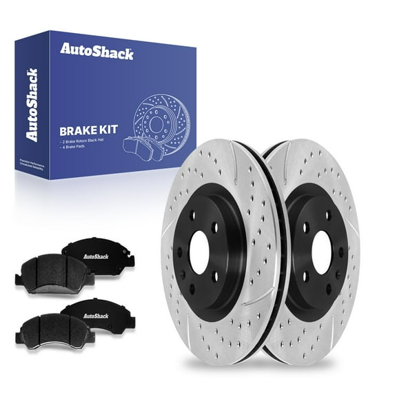 AutoShack 13.59" (345.1 mm) Front Vented Drilled & Slotted Brake Rotors E-Coated + Premium Ceramic Brake Pads | Replacement for 2013-2019 Cadillac XTS | 6-PC Brake Kit | ShadowGuard