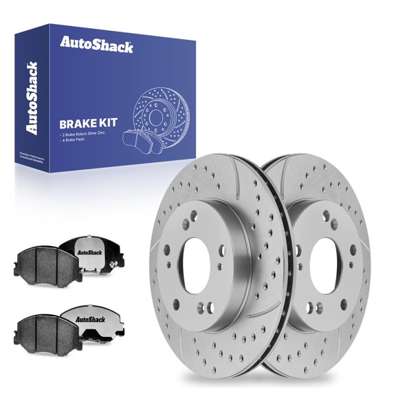 AutoShack 11.09" (281.8 mm) Front Vented Drilled & Slotted Brake Rotors Coated + Ceramic Brake Pads | Replacement for 2019-2022 Honda Insight | Silver Zinc Coated | 6-PC Brake Kit | SilverShield Pro