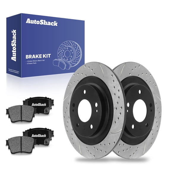AutoShack Rear Solid Drilled & Slotted E-Coated Brake Rotor + Ceramic Pad 6-PC Brake Kit Replacement for 2017-2020 Mitsubishi Outlander 2018-2020 Mitsubishi Eclipse Cross ShadowGuard 11.89" (302 mm)