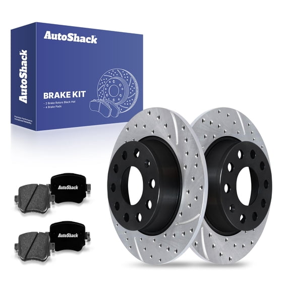 AutoShack 10.7" (271.8 mm) Rear Solid Drilled & Slotted Brake Rotors E-Coated + Premium Ceramic Brake Pads | Replacement for 2015-2022 Volkswagen Passat | 6-PC Brake Kit | ShadowGuard