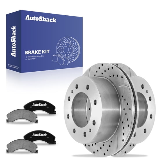 AutoShack 14.17" (360 mm) Rear Vented Drilled & Slotted Brake Rotors Coated + Ceramic Brake Pad | Replacement for 2011-2019 GMC Sierra 2500 HD | Silver Zinc Coated | 6-PC Brake Kit | SilverShield Pro