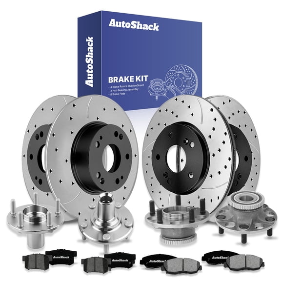 AutoShack Front & Rear Brake Rotors, Premium Pads & Hub Repair Kit for Honda, Accord 2003-2007, FWD L4 2.4L V6 3.0L - E-Coated Drilled & Slotted - ShadowGuard