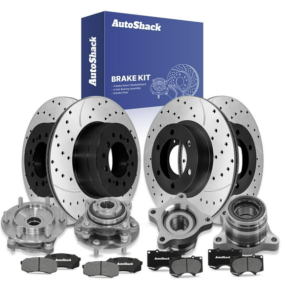 AutoShack Front & Rear Drilled & Slotted Brake Rotors Ceramic Brake Pads Wheel Bearing Hub Assembly | Replacement for Toyota 4Runner FJ Cruiser V6 RWD | E-Coated | 16-PC Brake Kit | ShadowGuard