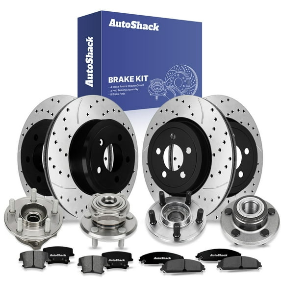 AutoShack Front & Rear Brake Rotors, Premium Pads & Hub Bearing Assemblies for Chrysler & Dodge, 300 2005-2009 Charger 2006-2009, RWD V8 5.7L - E-Coated Drilled & Slotted - ShadowGuard