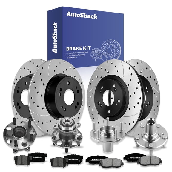 AutoShack Front & Rear Brake Rotors, Premium Pads & Hub Repair Kit for Honda, Accord 2006-2007, FWD V6 3.0L - E-Coated Drilled & Slotted - ShadowGuard
