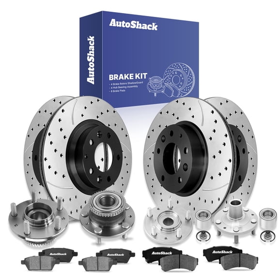 AutoShack Front & Rear Brake Rotors, Ceramic Pads & Hub Bearing Assemblies for Mazda, 6 2006-2008, FWD L4 2.3L V6 3.0L - E-Coated Drilled & Slotted - ShadowGuard