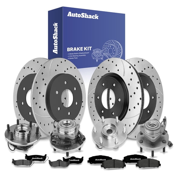 AutoShack Front & Rear Brake Rotors, Premium Pads & Hub Bearing Assemblies for Nissan & INFINITI, Armada 2007 QX56 2007, 4WD RWD V8 5.6L - E-Coated Drilled & Slotted - ShadowGuard