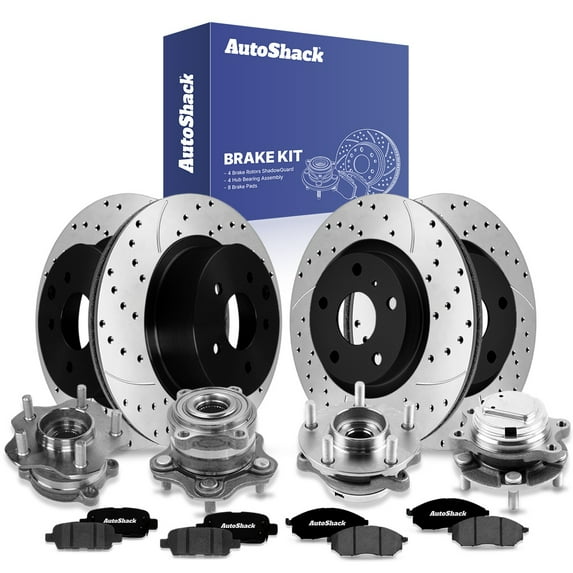 AutoShack Front & Rear Brake Rotors, Ceramic Pads & Hub Bearing Assemblies for INFINITI, QX70 2014-2017 M37 2013, RWD V6 3.7L - E-Coated Drilled & Slotted - ShadowGuard