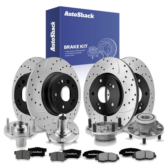 AutoShack Front & Rear Brake Rotors, Premium Pads & Hub Repair Kit for Acura, TL 2004-2008, FWD V6 3.2L - E-Coated Drilled & Slotted - ShadowGuard