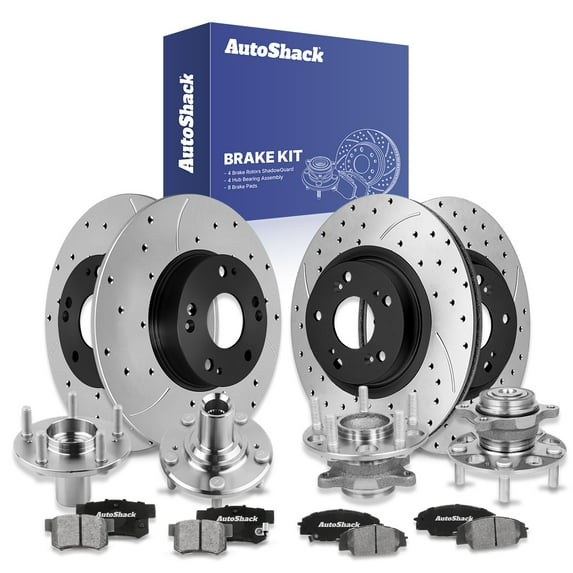 AutoShack Front & Rear Brake Rotors, Ceramic Pads & Hub Repair Kit for Honda, Civic 2006-2011, FWD L4 2.0L - E-Coated Drilled & Slotted - ShadowGuard