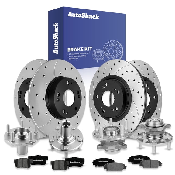 AutoShack Front & Rear Brake Rotors, Premium Pads & Hub Repair Kit for Honda, Civic 2006-2011, FWD L4 2.0L - E-Coated Drilled & Slotted - ShadowGuard