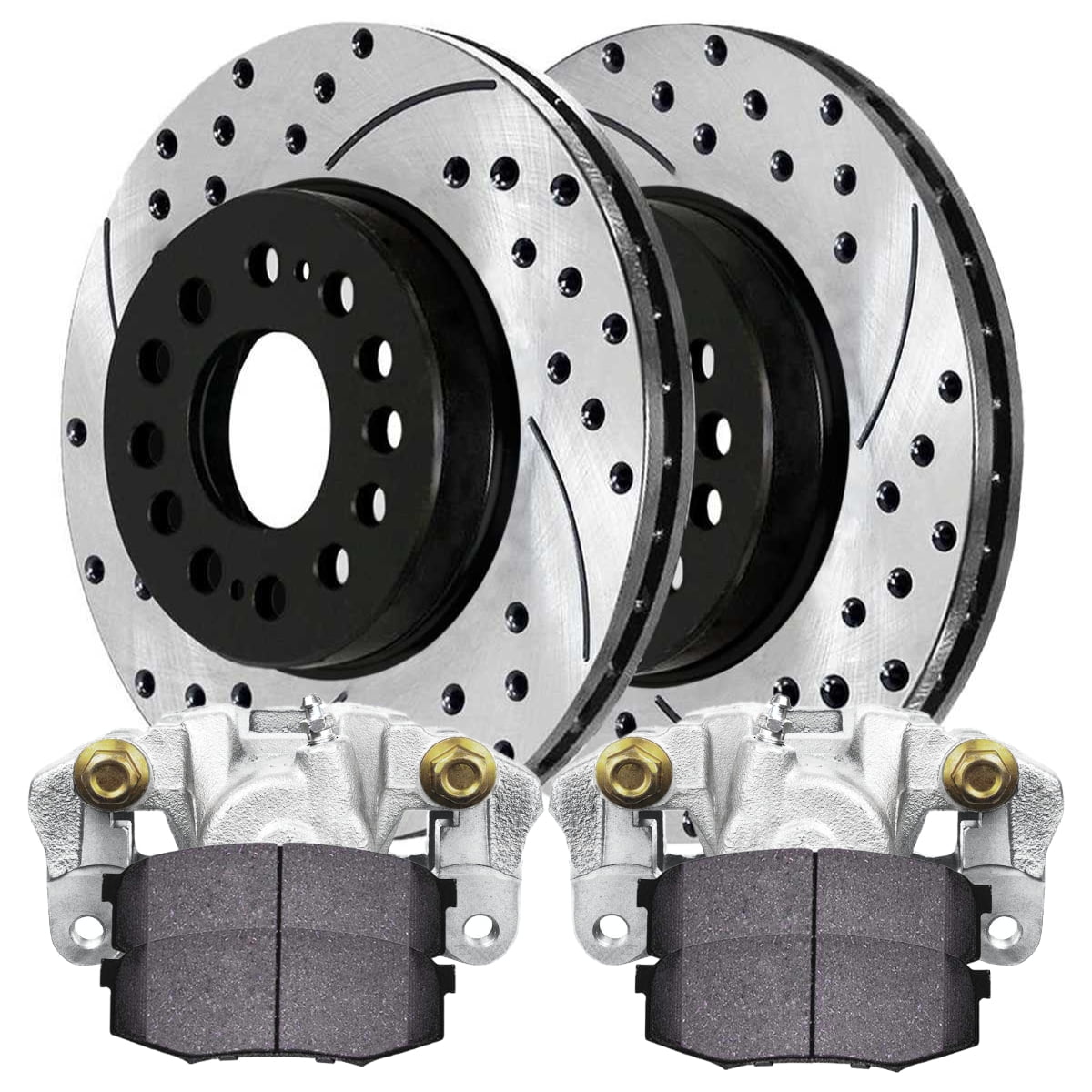 AutoShack Rear Brake Calipers Ceramic Pads Drilled Slotted Rotors Black