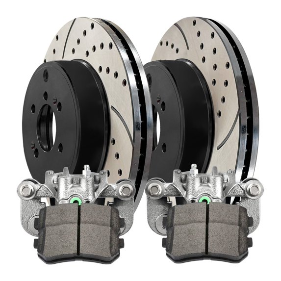 AutoShack Rear Drilled & Slotted Brake Rotors Ceramic Brake Pads Calipers | Replacement for 2011-2016 Kia Sportage 2010-2015 Hyundai Tucson 2.4L AWD | E-Coated | 8-PC Brake Kit | ShadowGuard