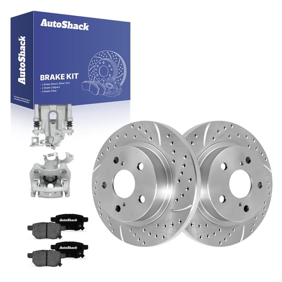AutoShack Rear Solid Drilled & Slotted Silver Zinc Coated Brake Rotors + Ceramic Pads + Calipers 8-PC Brake Kit Replacement for 2008-2015 Scion xB SilverShield Pro 10.98" (279 mm)