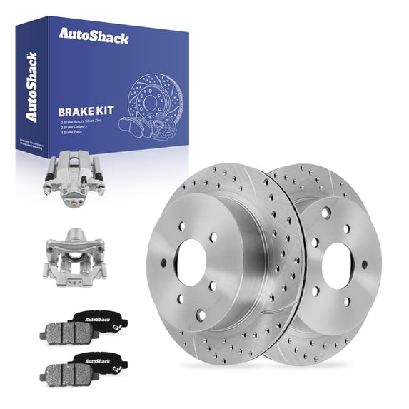 AutoShack Rear Drilled & Slotted Brake Rotors Ceramic Brake Pads Calipers | Replacement for 2009-2010 INFINITI FX35 3.5L V6 AWD RWD | Silver Zinc Coated | 8-PC Brake Kit | SilverShield Pro