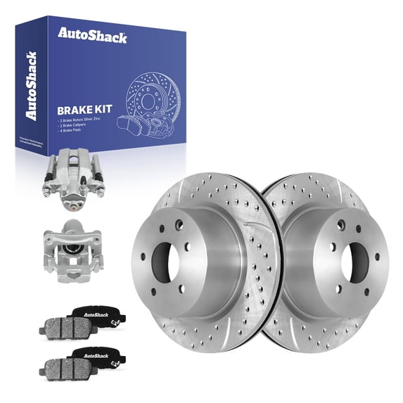 AutoShack Rear Vented Drilled & Slotted Silver Zinc Coated Brake Rotors + Ceramic Pads + Calipers 8-PC Brake Kit Replacement for 2010 INFINITI M35 2010 INFINITI M45 SilverShield Pro 12.11" (307.7 mm)