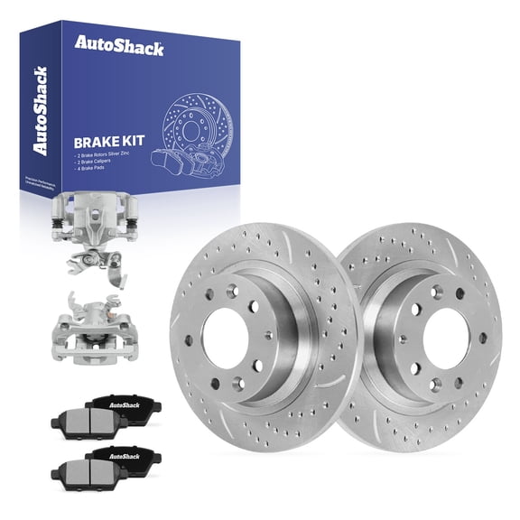 AutoShack Rear Brake Rotors, Ceramic Pads & Calipers for Ford, Fusion 2006-2012, AWD FWD L4 2.3L 2.5L V6 3.0L 3.5L - Silver Zinc Coated Drilled & Slotted - SilverShield Pro - 11.01" (279.6 mm), 5-Lug