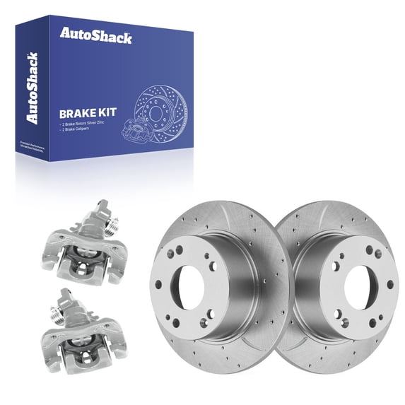 AutoShack Rear Solid Drilled & Slotted Silver Zinc Coated Brake Rotors + Calipers 4-PC Brake Kit Replacement for 2003-2007 Honda Accord 2004-2008 Acura TSX SilverShield Pro 10.24" (260 mm)