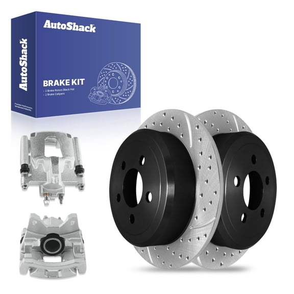 AutoShack 12.43" (315.6 mm) Rear Solid Drilled & Slotted Brake Rotors E-Coated + Calipers | Replacement for 2008-2012 Jeep Liberty 2007-2011 Dodge Nitro | 4-PC Brake Kit | ShadowGuard