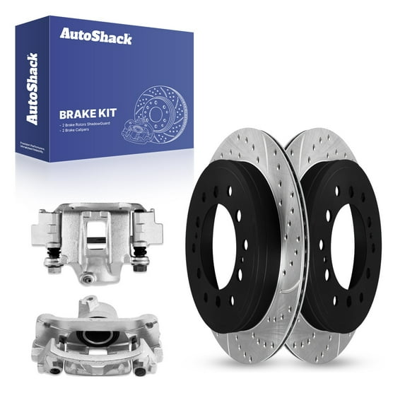 AutoShack Rear Drilled & Slotted Brake Rotors Calipers | Replacement for 2010-2014 Toyota FJ Cruiser 4.0L V6 4WD RWD | E-Coated | 4-PC Brake Kit | ShadowGuard