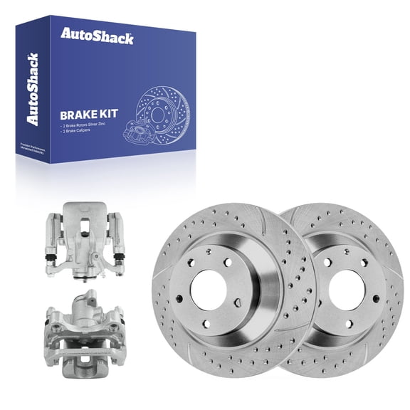 AutoShack Rear Brake Rotors & Calipers for Mazda, CX-5 2016-2025, AWD FWD L4 2.0L 2.2L 2.5L - Silver Zinc Coated Drilled & Slotted - SilverShield Pro - 11.91" (302.5 mm), 5-Lug