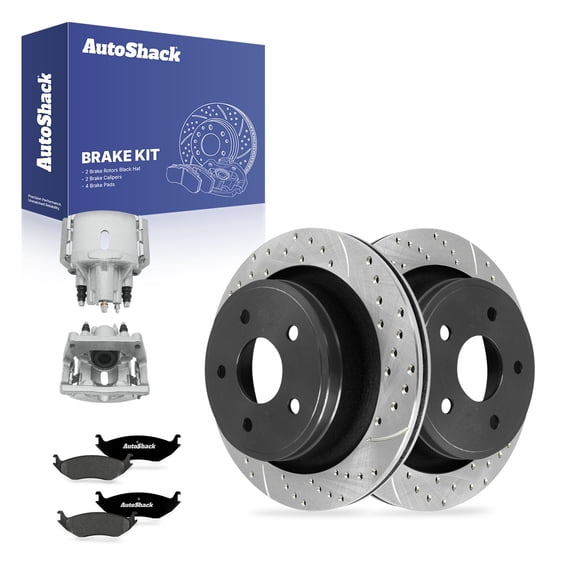 AutoShack Rear Brake Rotors, Premium Pads & Calipers for Ram, 1500 2011-2018, 4WD RWD V6 3.0L 3.6L 3.7L V8 4.7L 5.7L - E-Coated Drilled & Slotted - ShadowGuard - 13.87" (352.2 mm), 5-Lug