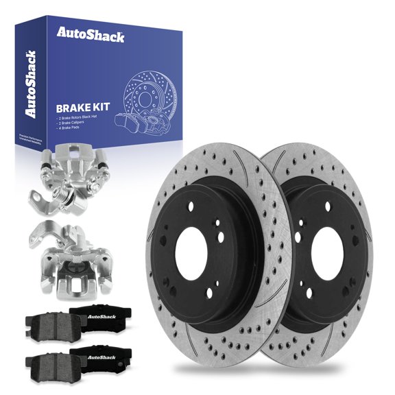 AutoShack Rear Solid Drilled & Slotted E-Coated Brake Rotors + Premium Ceramic Pads + Calipers 8-PC Brake Kit Replacement for 2015 Honda Civic 2016-2018 Acura ILX ShadowGuard 11.1" (282 mm)