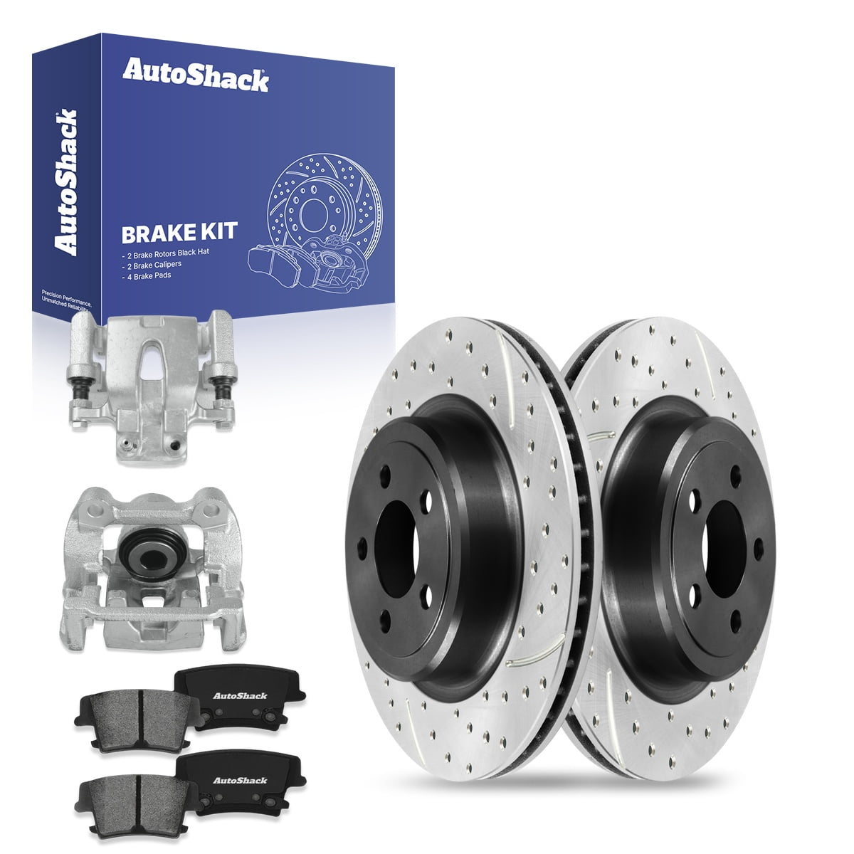 AutoShack Rear Drilled & Slotted Brake Rotors Premium Ceramic Brake Pads Calipers | Replacement for Chrysler 300 2015 Dodge Charger 2015-2018 Challenger | E-Coated | 8-PC Brake Kit | ShadowGuard