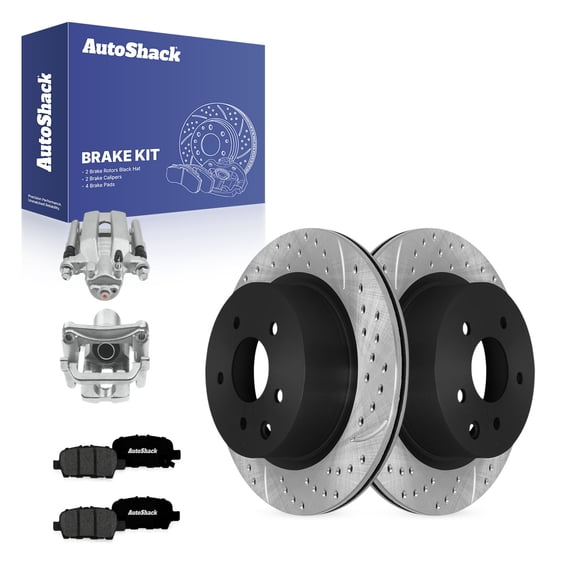 AutoShack Rear Vented Drilled & Slotted E-Coated Brake Rotors + Premium Ceramic Pads + Calipers 8-PC Brake Kit Replacement for 2007-2008 INFINITI G35 2009 Nissan 370Z ShadowGuard 12.11" (307.7 mm)