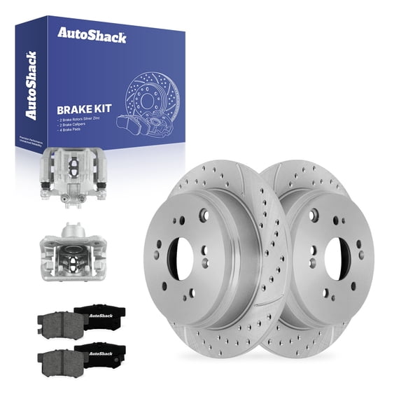 AutoShack Rear Solid Drilled & Slotted Silver Zinc Coated Brake Rotors + Premium Ceramic Pads + Calipers 8-PC Brake Kit Replacement for 2007-2012 Acura RDX SilverShield Pro 11.99" (304.6 mm)