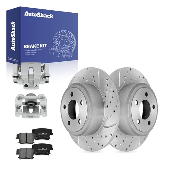 AutoShack Rear Brake Rotors, Premium Pads & Calipers for Dodge, Charger 2006-2016, 2018-2021 - Silver Zinc Coated Drilled & Slotted - SilverShield Pro - 12.59" (319.9 mm), 5-Lug