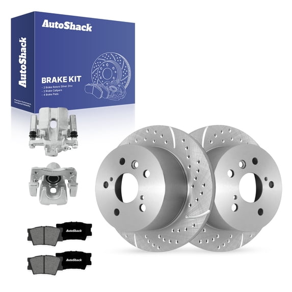 AutoShack Rear Brake Rotors, Premium Pads & Calipers for Toyota, Camry 2012-2017, FWD L4 2.5L V6 3.5L - Silver Zinc Coated Drilled & Slotted - SilverShield Pro - 11.06" (281 mm), 5-Lug