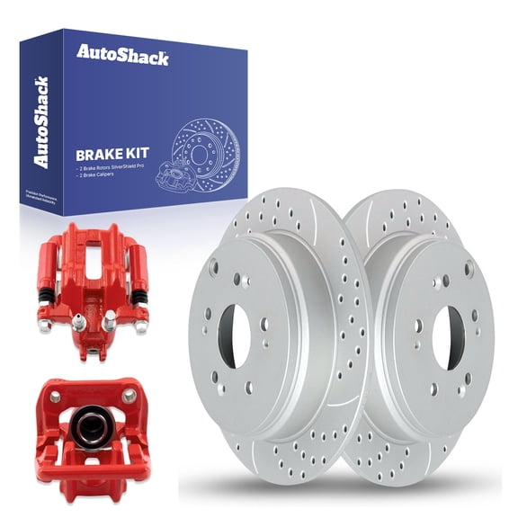 AutoShack 12" (304.7 mm) Rear Solid Drilled & Slotted Brake Rotors Coated + Calipers Red | Replacement for 2007-2011 Honda CR-V 2007-2012 Acura RDX | Silver Matte Finish | 4-PC Brake Kit | TurboGuard