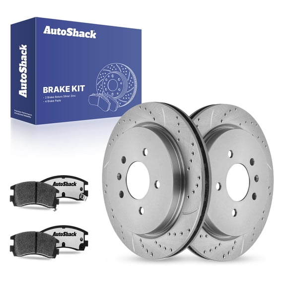 AutoShack 11.73" (298 mm) Rear Vented Drilled & Slotted Brake Rotors Coated + Ceramic Brake Pads | Replacement for 2003-2004 Cadillac Seville | Silver Zinc Coated | 6-PC Brake Kit | SilverShield Pro