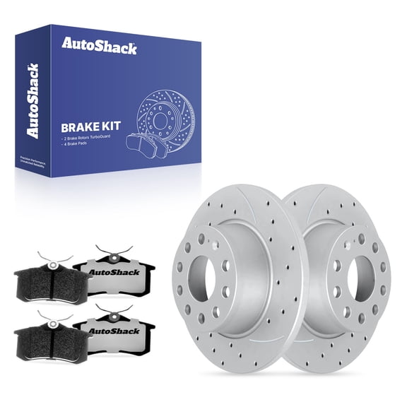 AutoShack Rear Brake Rotors & Ceramic Pads for Volkswagen, Jetta 2014-2018, FWD L4 1.4L 1.8L 2.0L - Coated Drilled & Slotted - Silver Matte Finish - TurboGuard - 10.7" (271.8 mm), 9-Lug