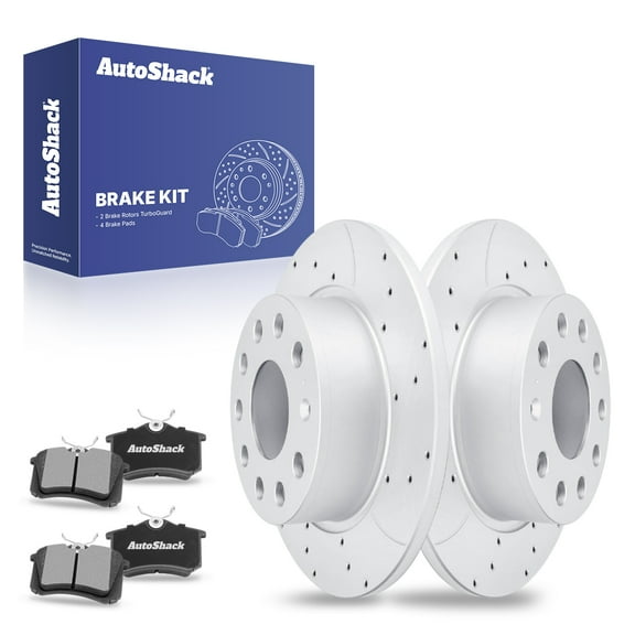 AutoShack Rear Brake Kit Replacement for Audi A3 VW Golf 2014 Jetta Drilled & Slotted Silver Coated Disc Brake Rotors Ceramic Brakes Pads 10.7" 271.8 mm TurboGuard BRK020355898
