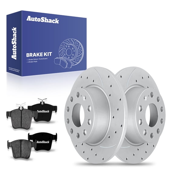 AutoShack 10.7" (271.8 mm) Rear Solid Drilled & Slotted Brake Rotors Coated + Premium Ceramic Brake Pads | Replacement for 2015-2020 Audi A3 | Silver Matte Finish | 6-PC Brake Kit | TurboGuard
