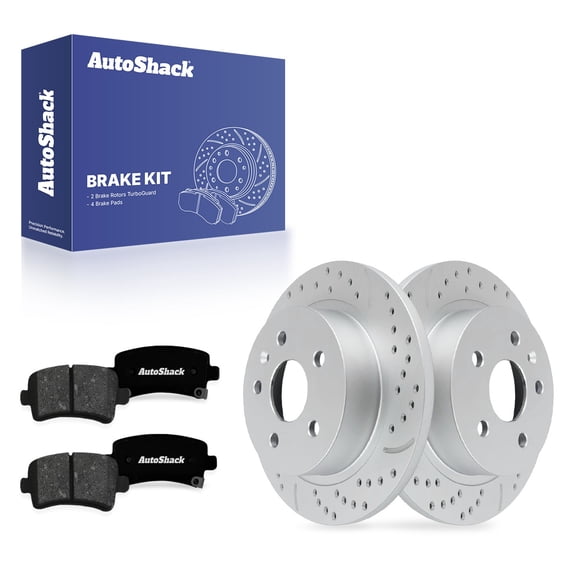 AutoShack Rear Brake Rotors & Premium Pads for Chevrolet, Malibu 2013-2015, FWD L4 2.0L 2.4L 2.5L - Coated Drilled & Slotted - Silver Matte Finish - TurboGuard - 11.5" (292 mm), 5-Lug