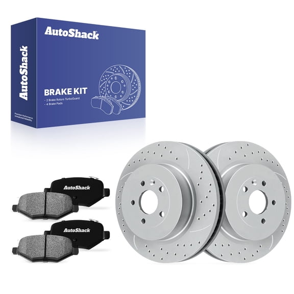 AutoShack Rear Brake Rotors & Ceramic Pads for Ford, Explorer 2015-2019, AWD FWD L4 2.0L 2.3L V6 3.5L - Coated Drilled & Slotted - Silver Matte Finish - TurboGuard - 13.58" (345 mm), 5-Lug