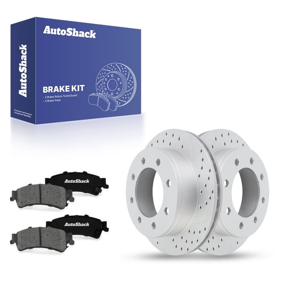 AutoShack Rear Brake Rotors & Premium Pads for Chevrolet, Silverado 1500 2001-2005 - Coated Drilled & Slotted - Silver Matte Finish - TurboGuard - 12.99" (330 mm), 8-Lug