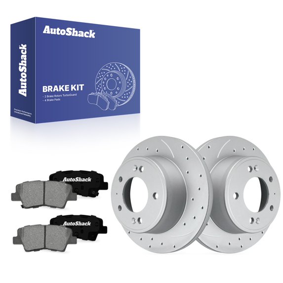 AutoShack Rear Solid Drilled & Slotted Coated Brake Rotors Silver Matte Finish + Ceramic Pads 6-PC Brake Kit Replacement for 2017-2019 Kia Soul 2019-2022 Kia Forte TurboGuard 10.31" (261.9 mm)