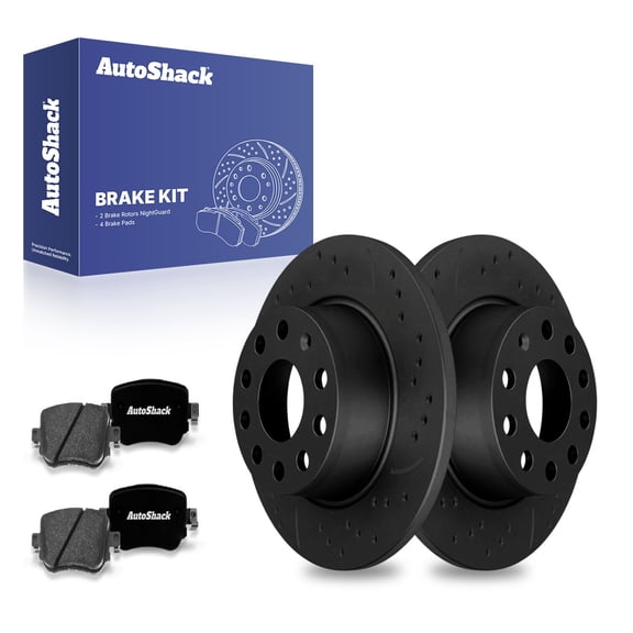 AutoShack 10.7" (271.8 mm) Rear Solid Drilled & Slotted Brake Rotors E-Coated + Premium Ceramic Brake Pads | Replacement for 2015-2022 Volkswagen Passat | Black Finish | 6-PC Brake Kit | NightGuard