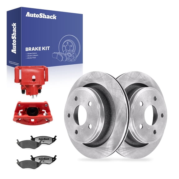 AutoShack Rear Brake Rotors, Ceramic Pads & Red Calipers for Dodge, Ram 1500 2002-2004 Durango 2004, 4WD RWD V6 3.7L V8 4.7L 5.7L 5.9L - 13.87" (352.2 mm), 5-Lug