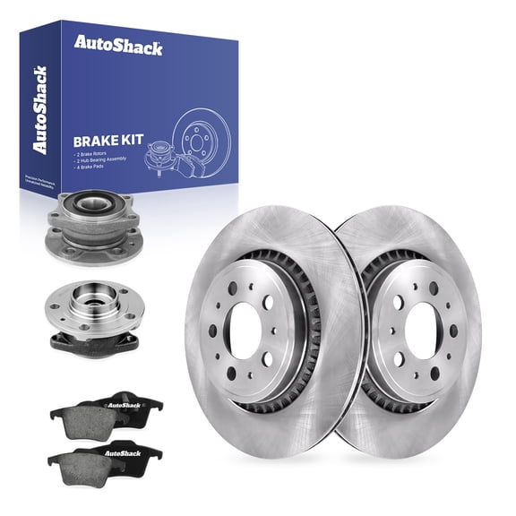 AutoShack Rear Brake Rotors, Ceramic Pads & Hub Bearing Assemblies for Volvo, XC90 2003-2014, AWD L5 2.5L L6 2.9L 3.2L V8 4.4L - 12.13" (308 mm), 5-Lug
