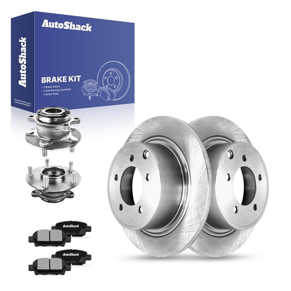 AutoShack Rear Brake Rotors, Ceramic Pads & Hub Bearing Assemblies for Mitsubishi, Lancer 2014-2015, 2017, AWD L4 2.4L - 11.89" (302 mm), 5-Lug