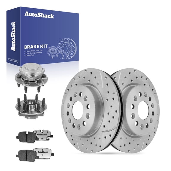 AutoShack Rear Brake Rotors, Ceramic Pads & Hub Bearing Assemblies for Chevrolet, Traverse 2020-2022, FWD V6 3.6L - Silver Zinc Coated Drilled & Slotted - SilverShield Pro - 12.4" (315 mm), 6+6-Lug