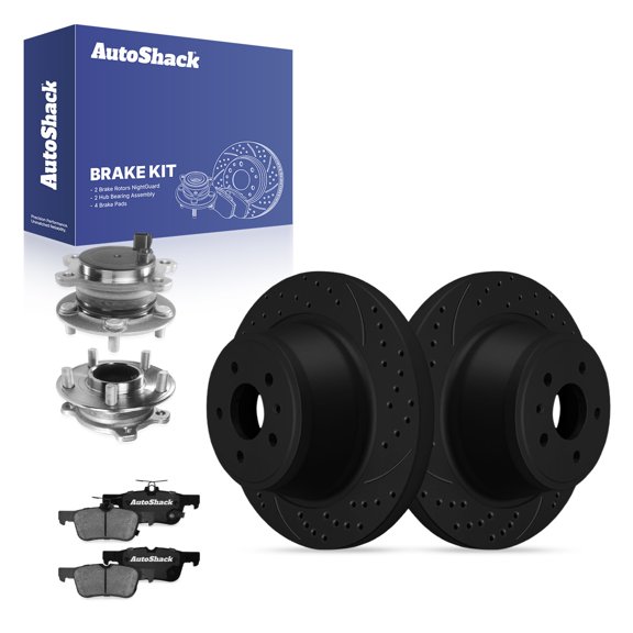 AutoShack Rear Brake Rotors, Ceramic Pads & Hub Bearing Assemblies for Ford, Escape 2017-2019, FWD L4 1.5L 2.0L 2.5L - E-Coated Drilled & Slotted - Black Finish - NightGuard - 12.44" (316 mm), 5-Lug