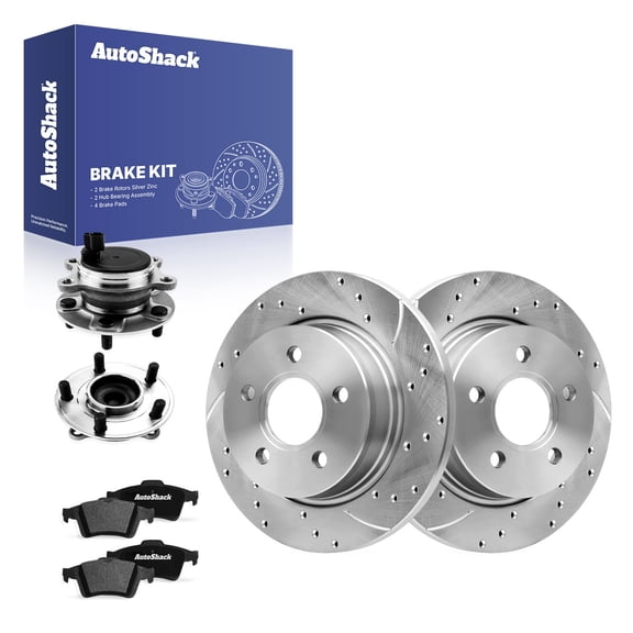 AutoShack Rear Brake Rotors, Ceramic Pads & Hub Bearing Assemblies for Ford, Focus 2012-2018, FWD L4 2.0L - Silver Zinc Coated Drilled & Slotted - SilverShield Pro - 10.67" (271 mm), 5-Lug