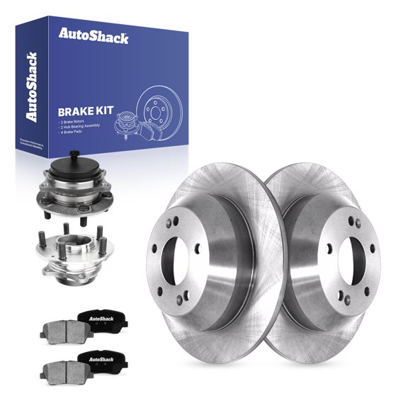AutoShack Rear Solid Brake Rotors + Ceramic Pads + Hub Bearing Assembly 8-PC Brake Kit Replacement for 2013 Hyundai Santa Fe XL 11.89" (302 mm)