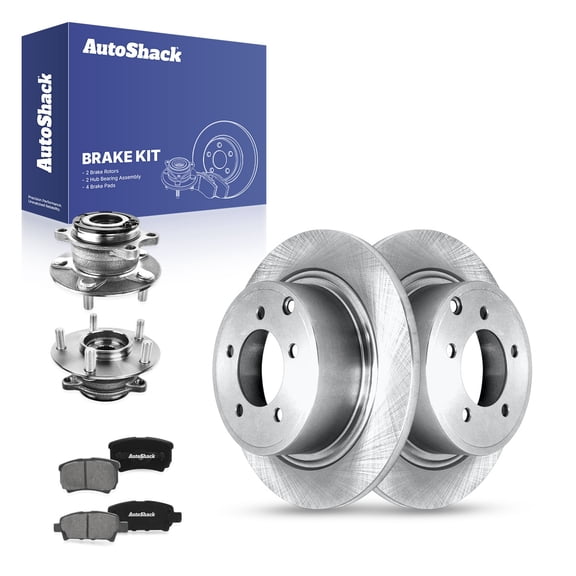 AutoShack Rear Brake Rotors, Premium Pads & Hub Bearing Assemblies for Mitsubishi, Lancer 2014-2015, 2017, AWD L4 2.4L - 11.89" (302 mm), 5-Lug